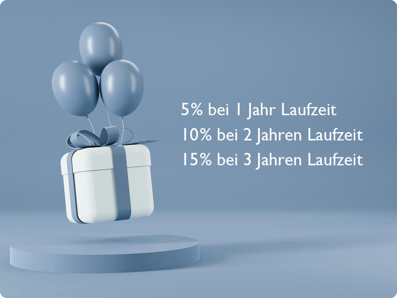 Geschenk mit drei blauen Ballons und Zinsangeboten.