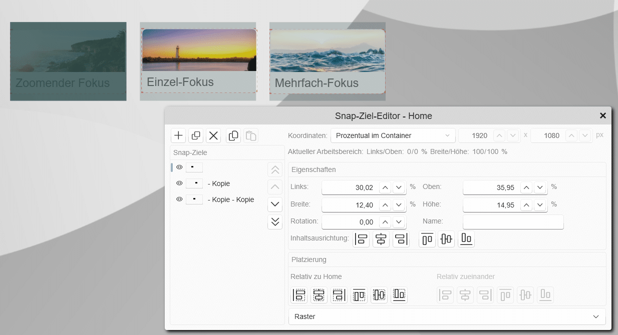 Editor für Snap-Ziele und Eigenschaften-Einstellung.