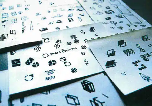 Mehrere Skizzen von abstrakten Symbolen auf Papier.