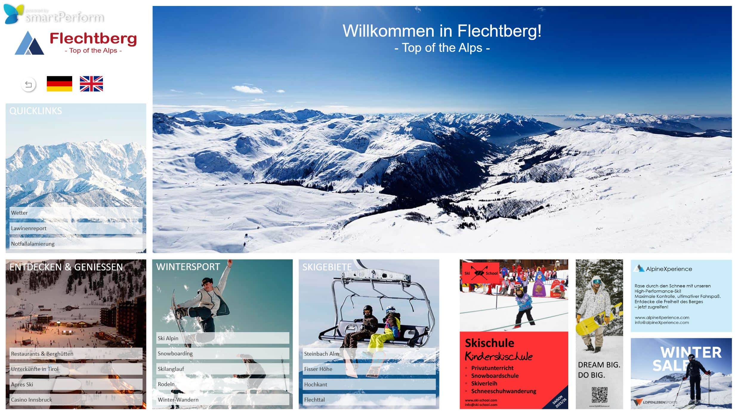 Verschneite Berglandschaft mit Wintersportmöglichkeiten.
